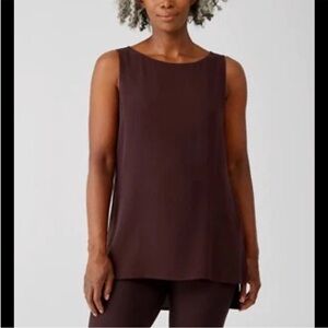 Eileen Fisher Bateau Neck Silk Georgette Crepe Long Shell Large Tank Top Casis